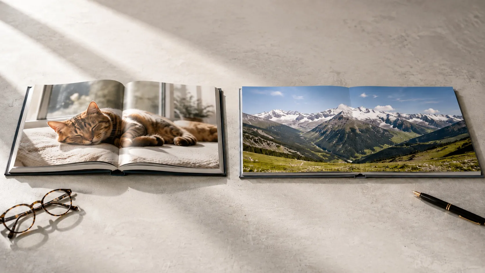 Side-by-side comparison: a standard hardcover photo book with a visible spine curve versus a layflat photo book showing a seamless mountain panorama