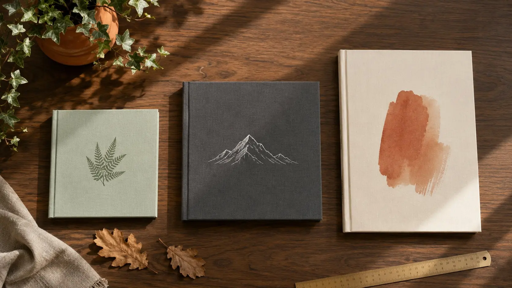 Three layflat photo books in different cover styles and sizes laid out on a wooden table