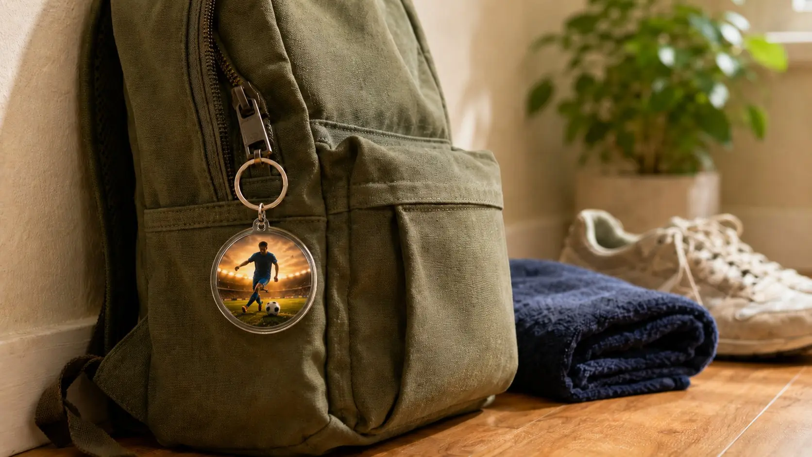 Round photo keychain clipped to a backpack zipper for everyday carry