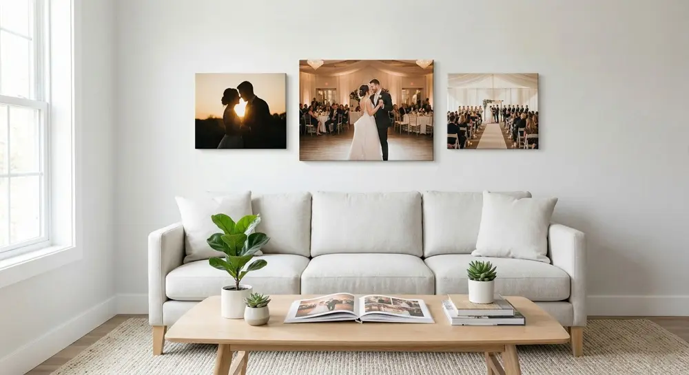 Three wedding photo book formats side by side showing landscape portrait and square orientations