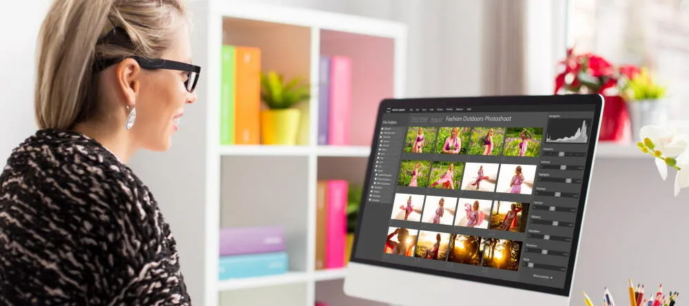 How to Resize an Image. Woman looking at photo gallery on PC.