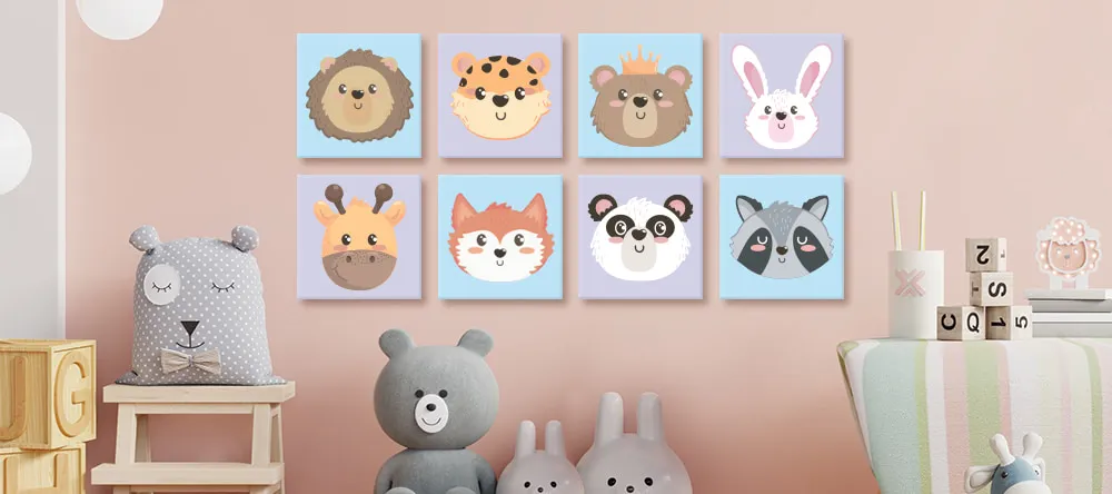 Nursery Wall Art: Tips from Our Decor Experts. Photo tiles with cute prints. 