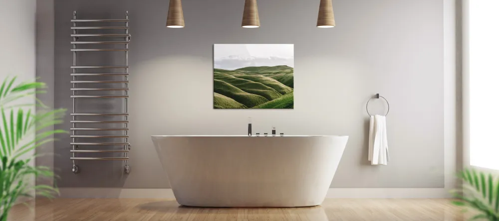 Bathroom Canvas Artwork. Photo canvas print hanging above bath.