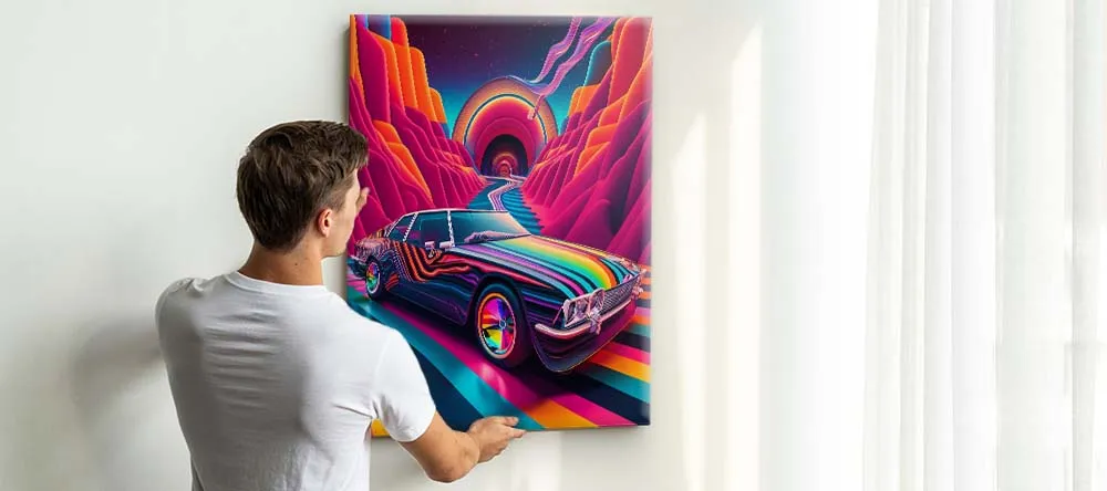 Vintage car wall art: man hanging bright car art on the bare wall
