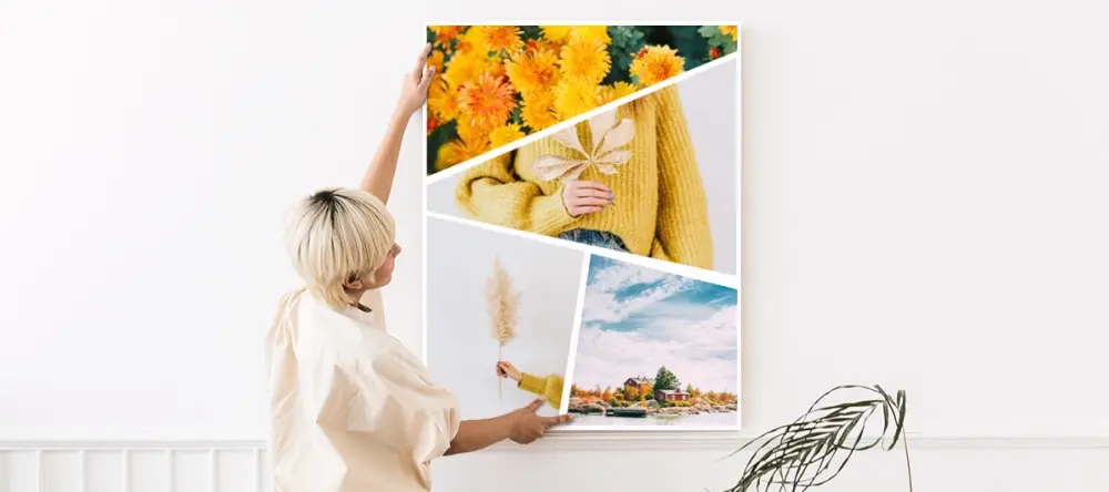 How to decorate for fall: a woman hanging an autumn photo canvas collage on the wall