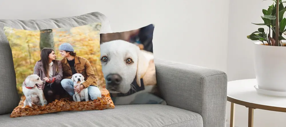 How to decorate for fall: two photo pillows with dog photos on the couch