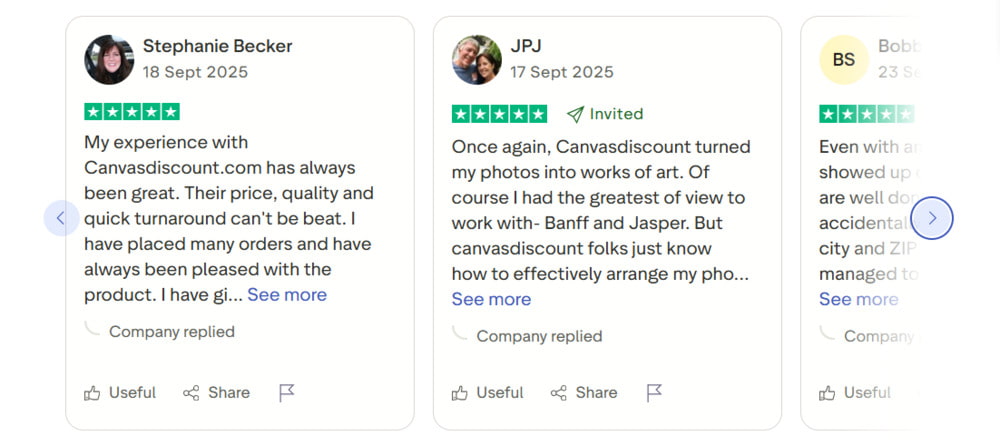 Where to Buy Canvas Prints in the US. Screenshot of TrustPilot reviews.