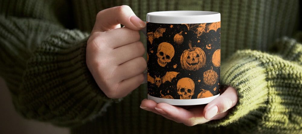 How to Make Personalized Halloween Gifts. Woman holding mug with Halloween print.