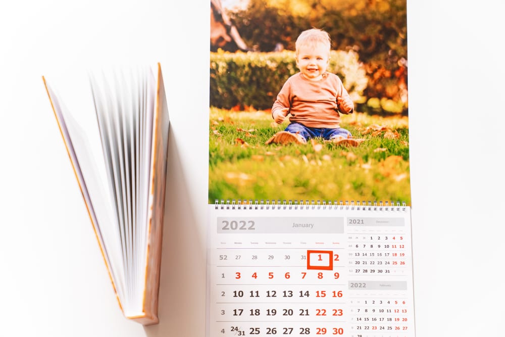 Family photo calendar style layout as inspiration for budget-friendly Mother’s Day keepsakes