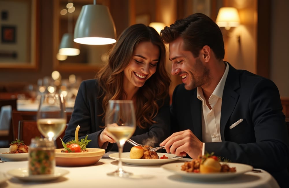 Couple enjoying a romantic dinner as an anniversary experience gift