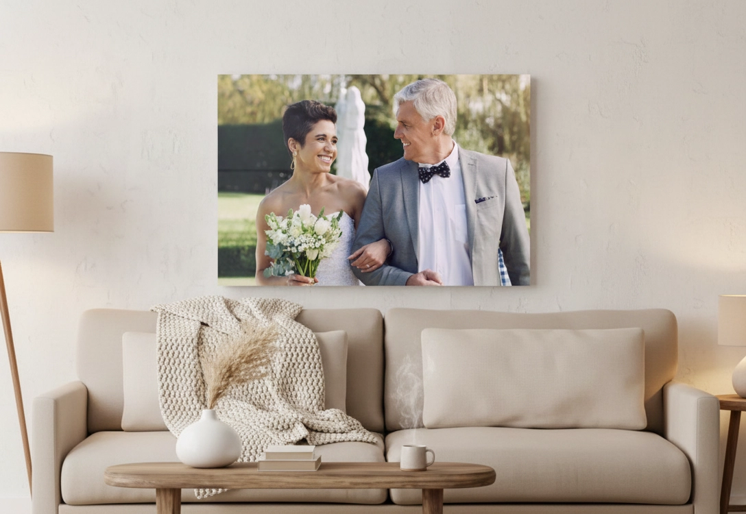 Custom canvas print with father daughter photo and papa daughter quote, showcasing gift ideas