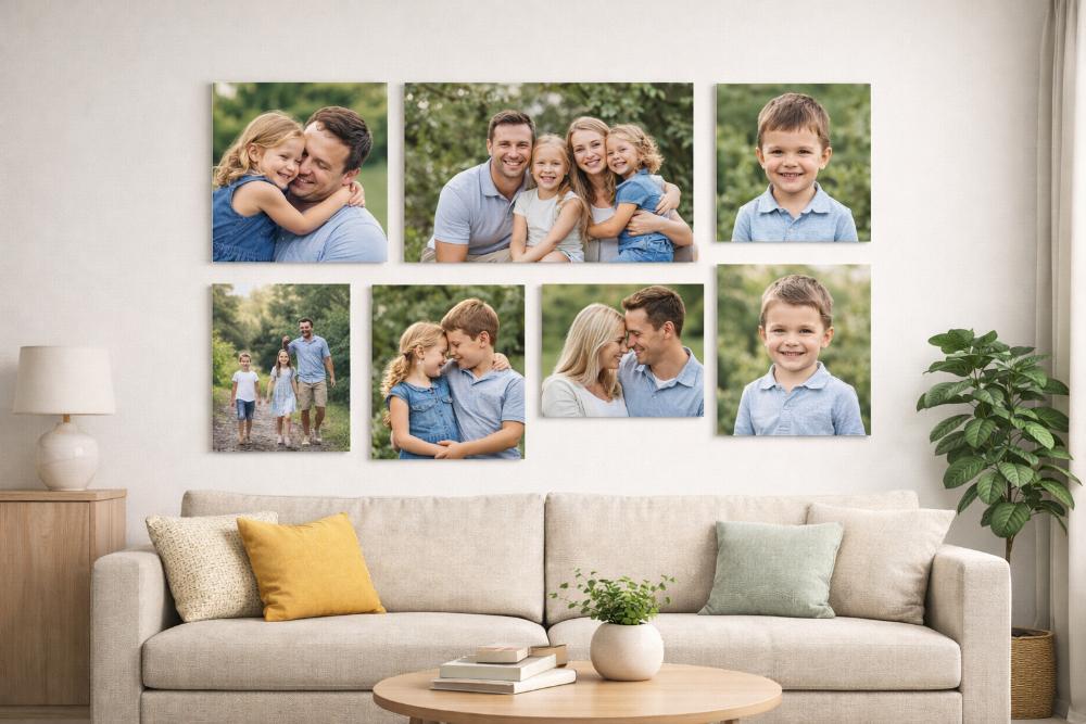 Canvas art arrangement above a modern sofa