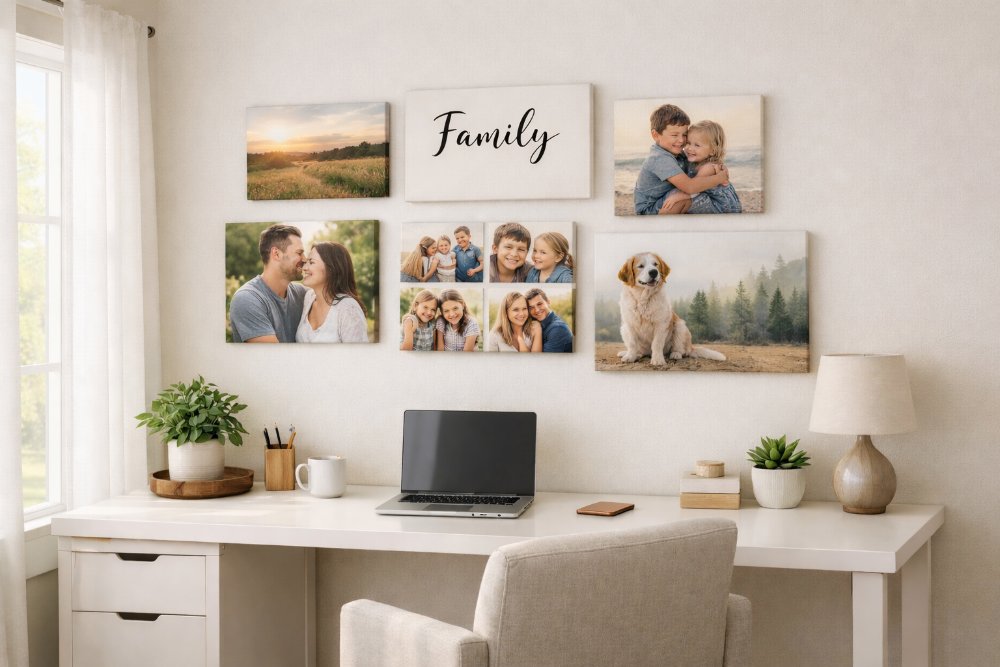 Modern home office with stylish wall decor