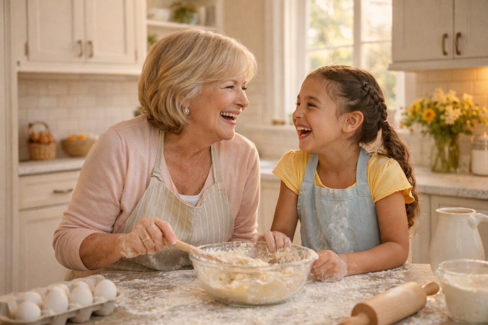 Grandmother smiling with a personalized photo blanket