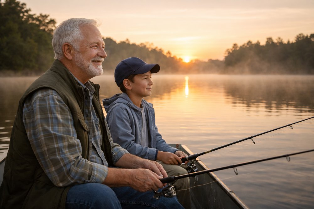 Grandfather looking at a framed photo print