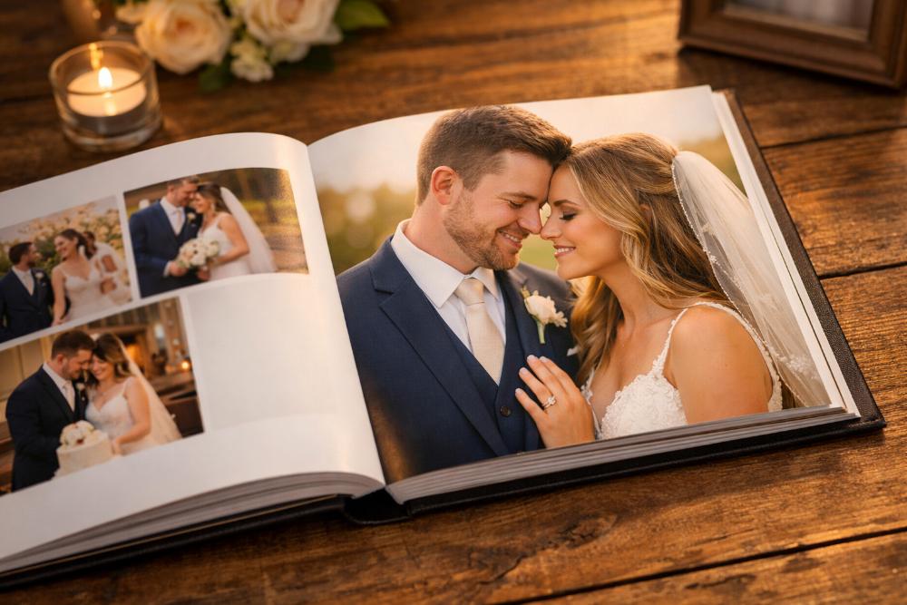 A beautiful wedding photo book lying open on a table showing wedding memories.