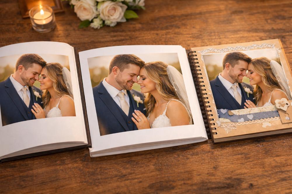 A collection of different wedding photo album styles and layouts.