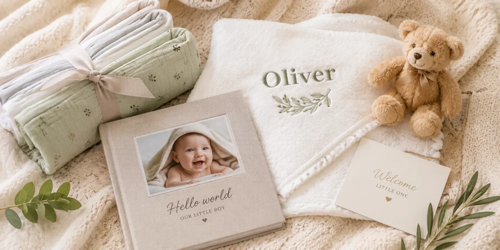 Assorted baby shower gifts on a table