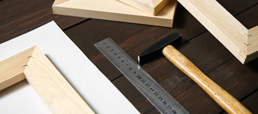 What's a gallery wrap? Wooden framework with canvas and tools next to it.