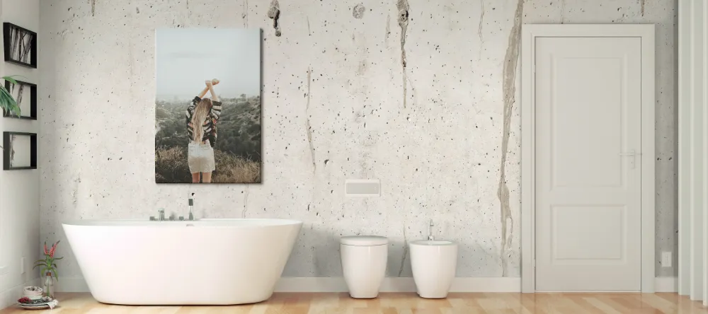 Can you put canvas in the bathroom? Photo canvas with girl next to bath in spacious bathroom.