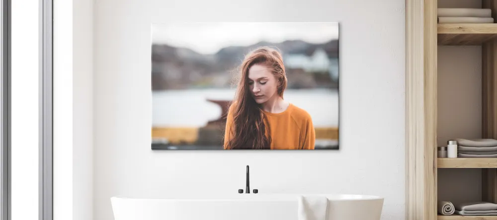 Can you put canvas in the bathroom? Girl on photo canvas in bathroom. 