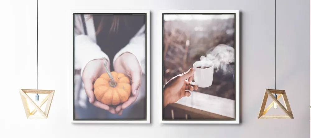 How much does it cost to get canvas framed. Framed canvas prints with pumpkin and coffee mug. 
