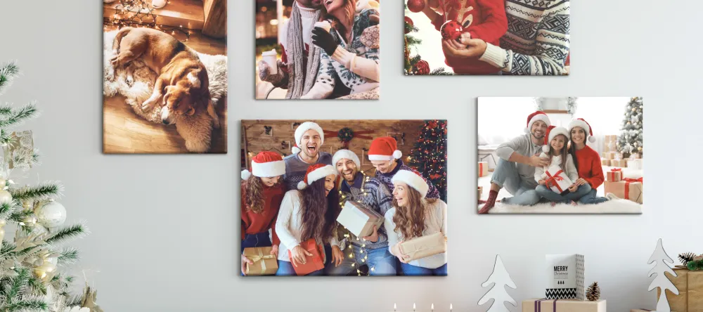 Photo Canvas for Christmas 2024. Multiple Christmas canvas prints on wall.