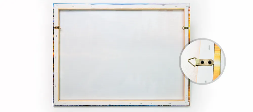 How to hang canvas print. The back of large-format canvas print with wooden frame visible.