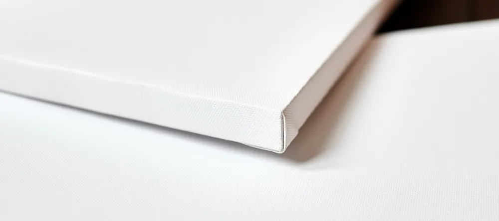 What is canvas made of. Close up of two stretched canvas lying on table.