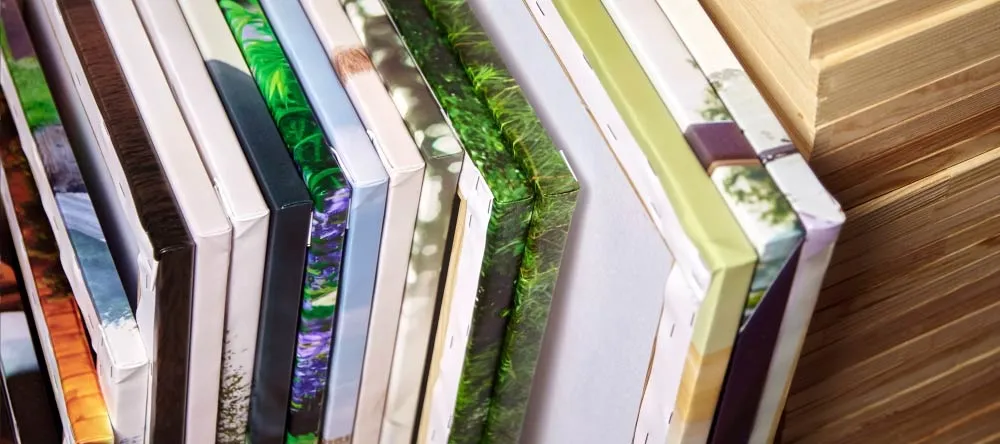 How to make canvas prints. Dozens of photo canvas prints stacked together. 