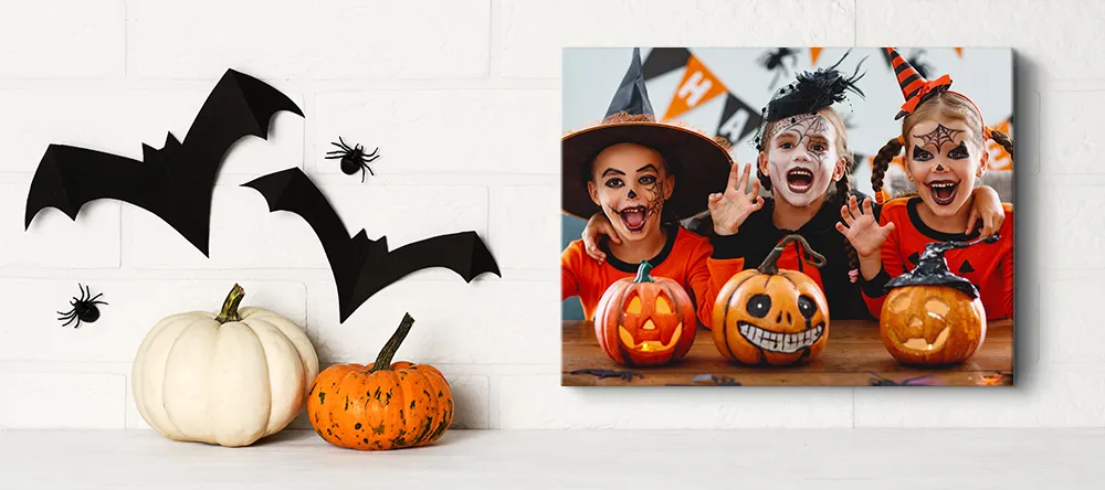 Halloween canvas art. Halloween Wall Art Featuring Kids dressed in Halloween attire.