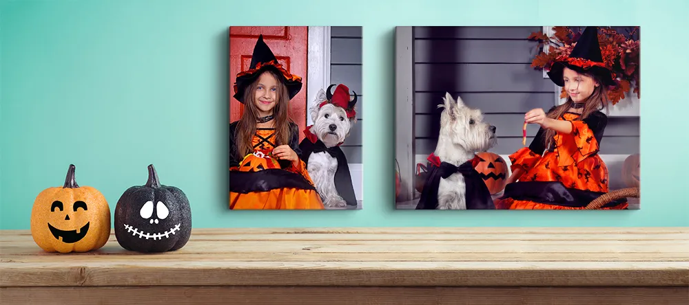 Halloween Canvas Art. Family Halloween photoshoot with pets.