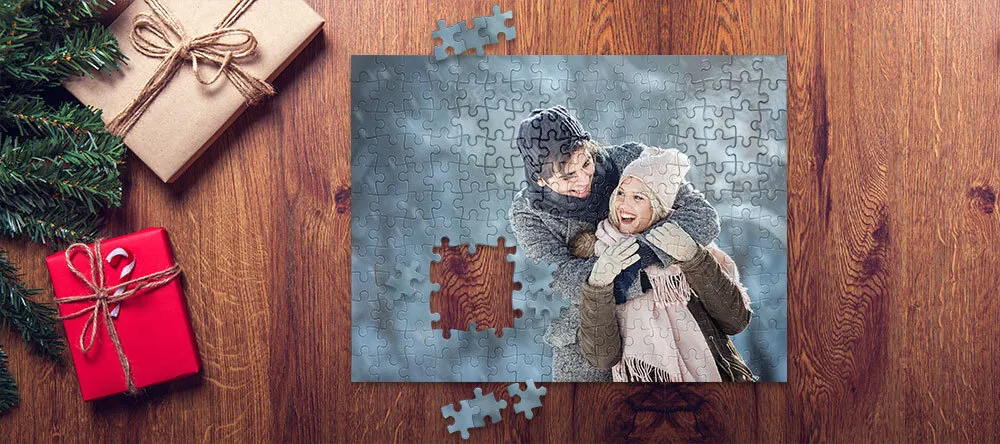 Custom Christmas Gifts on a Budget. Beautiful personalized puzzle with photo of couple.