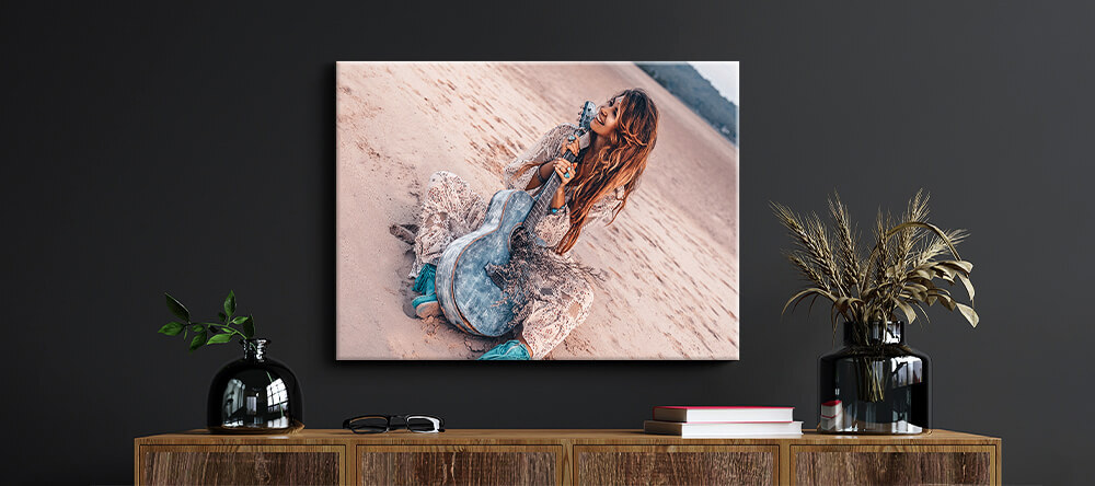 Romantic Canvas Prints: How to Choose the Best Photos. Photo canvas print with lady and guitar.