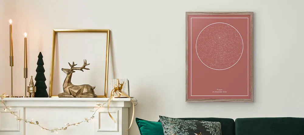 Custom star map print next to a beautiful Christmas decor