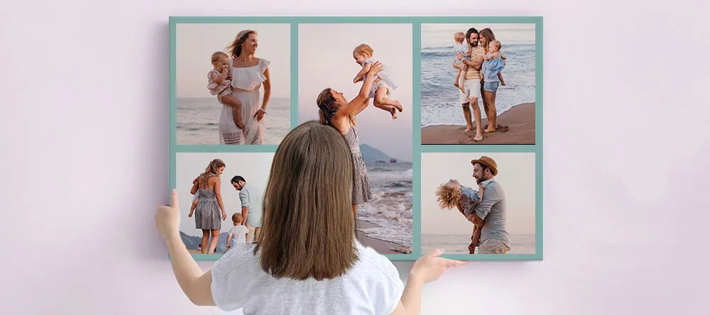 How to Make a Collage on Canvas. Woman setting up canvas collage with photos of her family. 