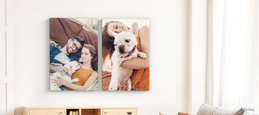 5 Easy Canvas Printing Tips for the Perfect Wall Décor. Canvas prints with photos of a couple and a dog.
