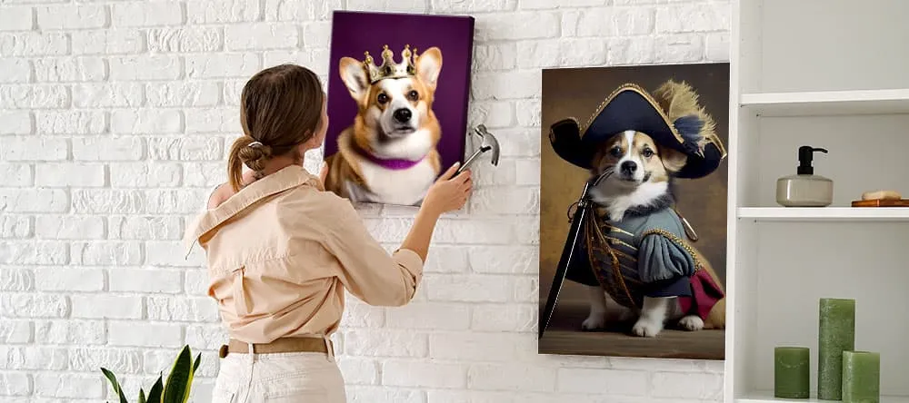 Trendy canvas wall art: a woman hanging two AI-designed canvas prints on the wall