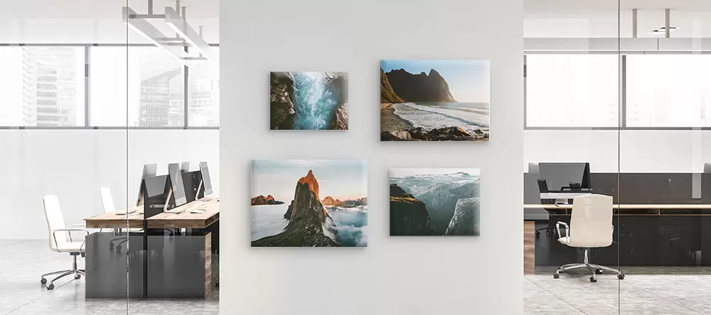 Office canvas art: four canvas prints on the office wall next to the meeting room