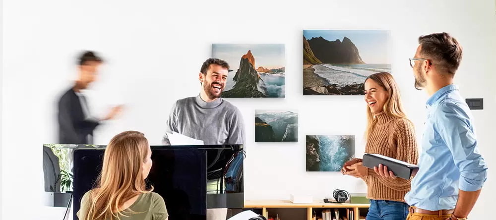 Office canvas art: a canvas print with a nature photo displayed on the office desk