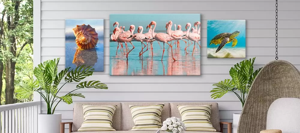 Canvas art for outdoors: a set of canvas prints displayed on the terrace wall
