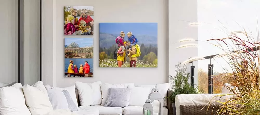 Canvas art for outdoors: three canvas prints displayed on the balcony wall