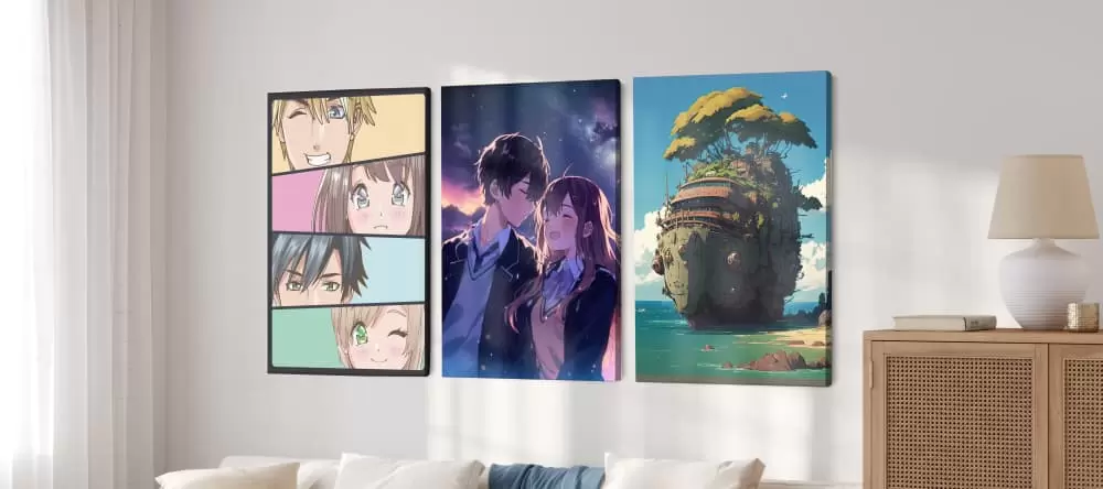 Anime canvas art: three anime illustrations on the wall