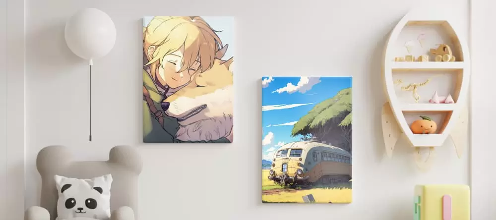Anime canvas art: two anime prints on the wall