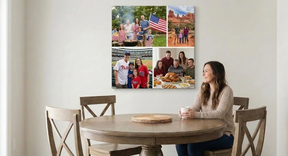 Square custom photo collage canvas displaying family vacation and holiday memories, mounted on a dining room wall above a round table