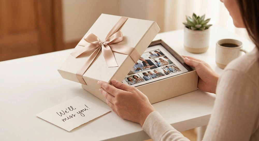 Personalized farewell gift for coworker beautifully wrapped with a handwritten goodbye card on an office desk
