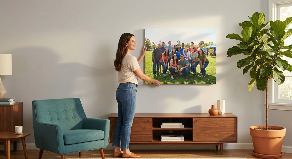 Woman hanging a personalized canvas print of coworker group photo as a going away gift in her living room