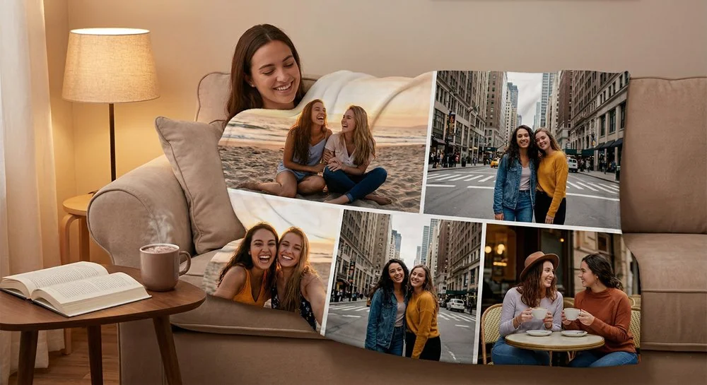 Custom photo blanket with friendship memories used as a going away gift for a best friend moving away