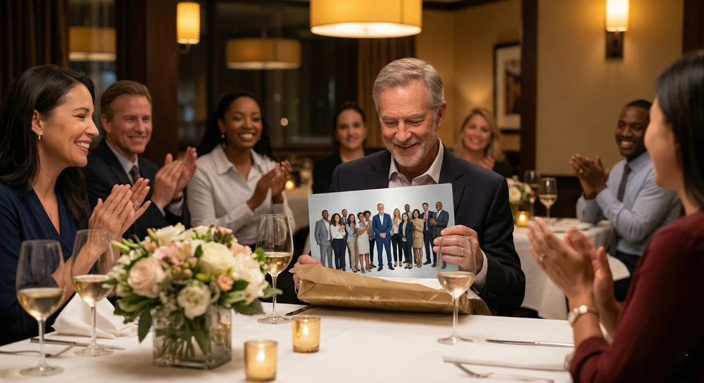 Retirement farewell celebration with colleague opening a personalized metal photo print gift from coworkers in an elegant restaurant setting