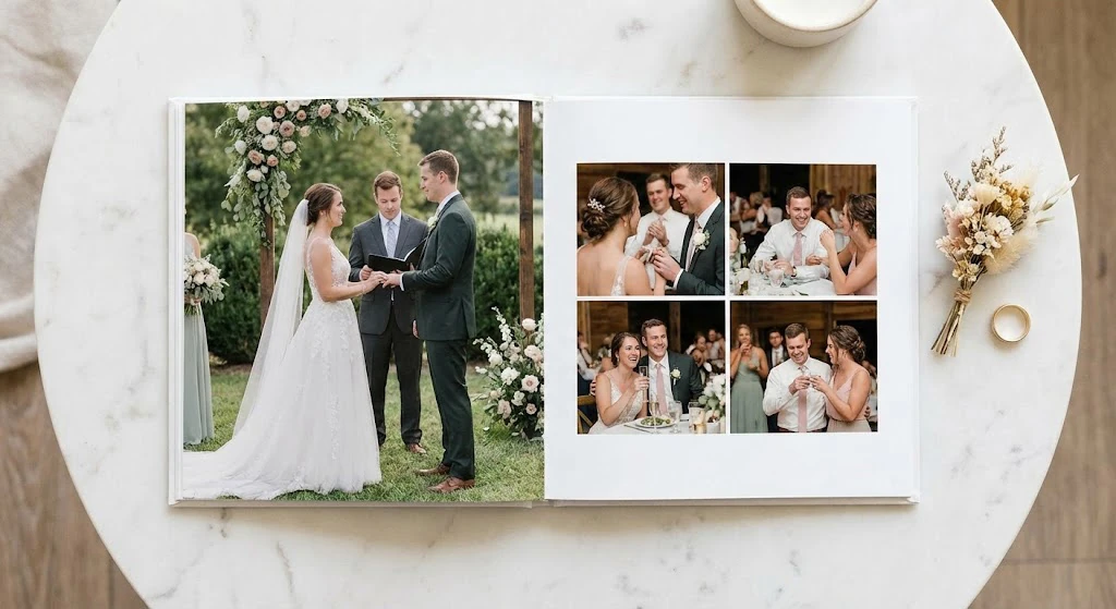 Open layflat wedding photo album book showing ceremony and reception photos on a marble surface with dried flowers